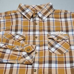 Hurley Flannel Shirt Mens Large Mustard Yellow Brown Plaid Button Up HFA23VMT